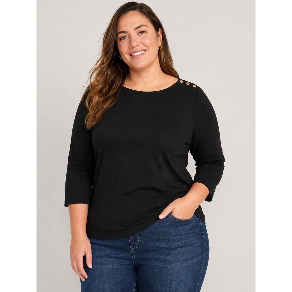 A New Day Women's Large Black 3/4 Sleeve Top Gold Shoulder Button Cotton Blend